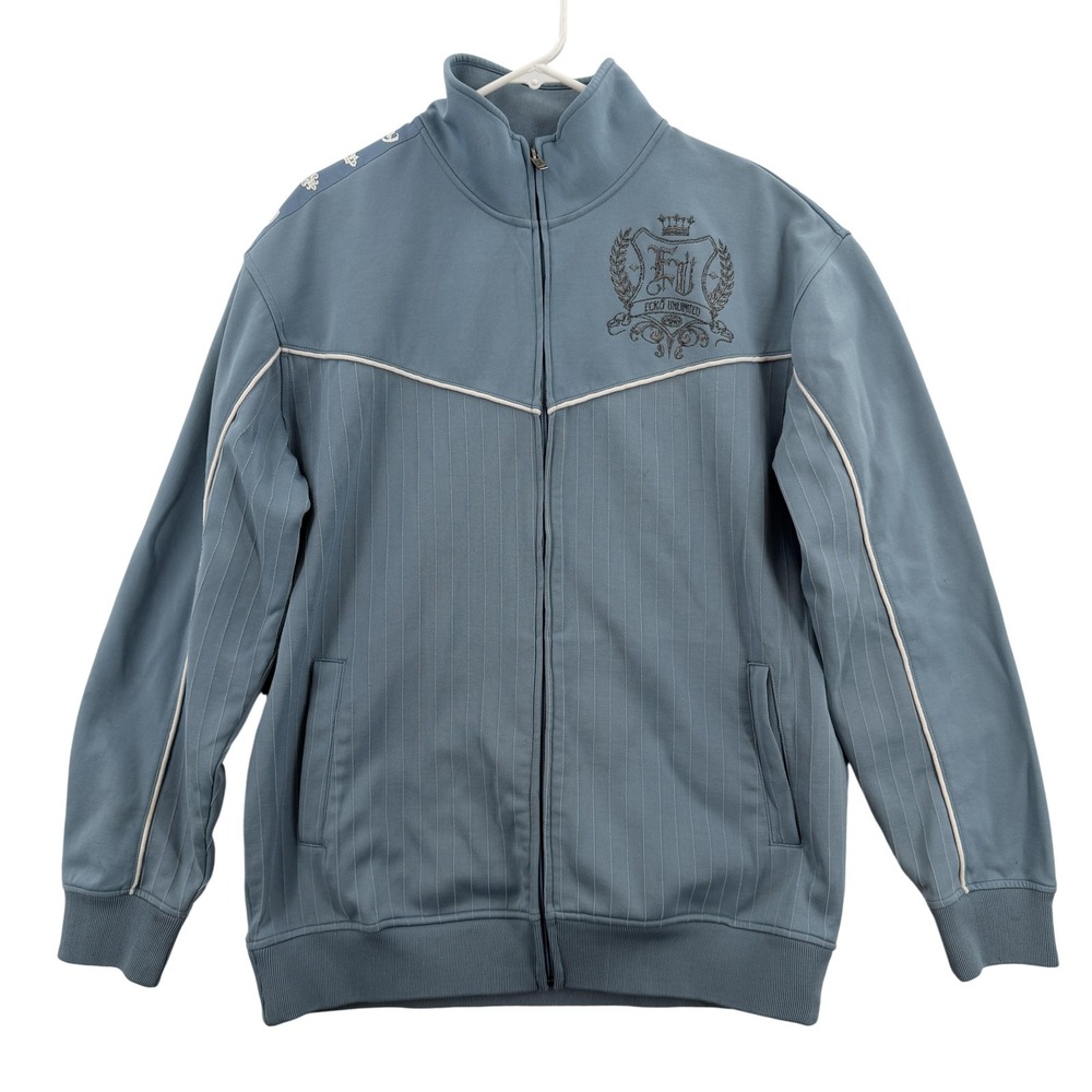 Ecko Unltd Jacket Mens Large Blue Full Zip‎ Track Embroidered Crest Pinstripe